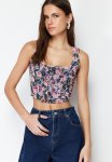 Floral Pattern Square Neck Slim Tulle Knitted Blouse - Pink