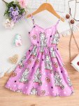 Girls Cute Unicorn & Heart Print Thin Strap Sleeveless Dress Clothes