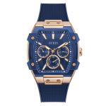 Guess Blue Rose Gold Multi-function Watch With Silicone Strap