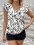 Abstract Print V Neck Blouse Casual Flutter Tiered Sleeve Top For Spring & Summer Women's Clothing