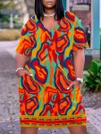 Plus Size Colorful Print Pocket Dress Casual Short Sleeve Dress For Spring & Summer Women's Plus Size Clothing