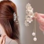 New Camellia Rhinestones Temperament Faux Pearl Tassel Hair Clip Simple And Elegant Metal Hair Clip