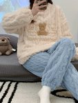 Cartoon Bear Print Pajama Set Fuzzy Long Sleeve Top & Pants Pajama Set Women's Sleepwear & Loungewear