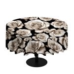Brown Roses On Black Round Tablecloth