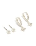 Silver Plated Cubic Zirconia Studs & Flower Huggie Earrings 2-PACK