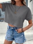 Solid Crew Neck Crop T-Shirt Casual Short Sleeve T-Shirt For Spring & Summer Women's Clothing