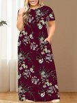 Plus Size Floral Print Pocket Dress Vacation Style Short Sleeve Long Length Crew Neck Dress For Spring & Summer Women's Plus Siz