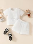 Baby's Cartoon Bear Jacquard 2PCS Summer Casual Outfit Solid Color T-Shirt & Shorts Set Toddler & Infant Boy's Clothes