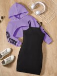 Girls 2PCS SET 'new York' Crop Hoodie + Cami Dress - Spring fall Outfit Casual Wear Party Gift