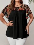 Plus Size Floral Pattern T-Shirt Casual Tie-neck Short Sleeve T-Shirt Women's Plus Sizeclothing