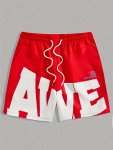 Alphabet Print Men's Non Stretch Elastic Waist Drawstring Shorts For Summer Casual Daily Wear
