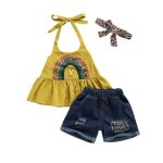 Rainbow Heart Flare Top With Denim Shorts 6-7Y