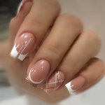 24PCS White French Tip Press On Nails Short Square Fake Nails With White And Golden Line Design Glossy Full Cover Golden Glitter