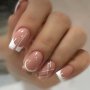 24pcs White French Tip Press On Nails Short Square Fake Nails With White And Golden Line Design Glossy Full Cover Golden Glitter False Nails
