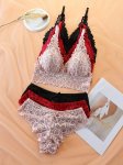3 Sets Floral Lace Bra & Panties Wireless Push Up Bra & Bow Tie Panties Lingerie Set Women's Lingerie & Underwear