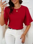 Solid Crew Neck Blouse Elegant Ruffle Sleeve Blouse Women's Clothing