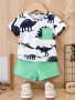 2PCS Baby's Cartoon Dinosaur Pattern T-Shirt & Casual Solid Color Shorts Toddler & Infant Boy's Clothing Set For Summer