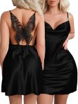 Women's Sexy Solid Satin Butterfly Lace Sleepwear Dress Turtleneck Backless Slip Dress Comfortable Nightgown