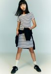 Short-sleeved Jersey Dress - White black Striped