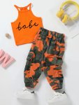 2PCS Girls Letter Graphic Halter Top & Camouflage Cargo Pant Set Kids Summer Clothes