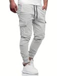 Men's Drawstring Cargo Pants Sporty Clothing For Casual Daily Wear Solid Color Multi Pockets Trouser