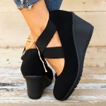 Women's Comfy Wedge Shoes Black Crisscross Elastic Strap Slip On Shoes Casual Versatile Shoes For Daily Wear