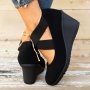 Women's Comfy Wedge Shoes Black Crisscross Elastic Strap Slip On Shoes Casual Versatile Shoes For Daily Wear