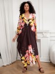 Plus Size Floral Print Dress Casual V Neck Batwing Sleeve Dress Women's Plus Size Clothing For Ramadan