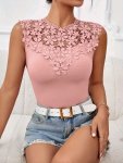 Guipure Lace Crew Neck Tank Top Elegant Sleeveless Top For Spring & Summer Women's Clothing