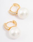 Goldair Gold Plated Large Pearl Drop Cubic Zirconia Huggie Earrings