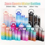 3PCS Sports Water Bottles Multi-size Plastic Leakproof Water Bottle With Time Marker And One Click Open Lid Easy Grip Large Capa