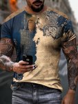 Men's Ethnic Style Geometric Graphic Pattern And Paint Mark Print Crew Neck And Short Sleeve T-Shirt Casual And Stylish Tops For