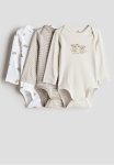 3 Pack Long-sleeved Bodysuits - Beige Multi & White