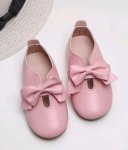 Girls Hook-and-loop Leather Pink Flats With Bow
