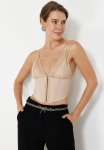 Crop Lined Agraffiti Woven Lace Bustier - Stone