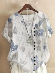 Plus Size Leaf Print Button Front Blouse Elegant Short Sleeve Crew Neck Blouse For Spring & Summer Women's Plus Size Clothing