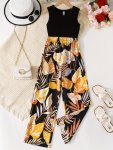 2 Pcs Tropical Wide-leg Trousers + Tank Top Set Casual Going Out Girl's Summer Clothes Gift