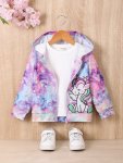 Girls Cute Gradient Unicorn Allover Zip-up Jackets Casual Loose Hooded Zipper Jacket For Spring fall