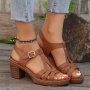 Women's Summer Chunky Heeled Sandals Retro Solid Color Ankle Strap Heels Casual Going Out Slingback Sandals