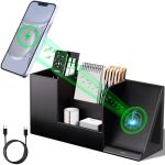 Ladstag Pen Organizer With Phone Stand Black Vegan Leather Desk Organizers With Remote Control Holder Pencil Holder For Desk Des