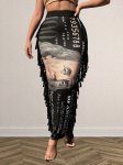 Dollar Pattern Tassel Trim Skirt Elegant High Waist Bodycon Ankle Length Skirt For Fall & Winter Women's Clothing