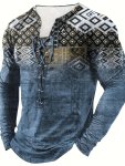 Retro Ethnic Style Print Men's Casual Long Sleeve Henley Shirt With Drawstring Spring Fall