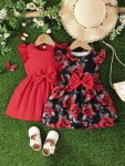 2PCS Baby's Bowknot Decor Ribbed Cap Sleeve Dress Solid Color & Butterfly Pattern Dress Infant & Toddler Girl's Clothing For Sum