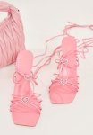 Pink Pu Square Toe Heart Detail Lace Up Heeled Sandals - Pink