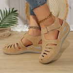 Casual Strappy Wedges For Women With Hook-and-loop Closure Solid Color All-season Round Toe Platform Heels With Microfiber Sole