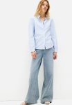 Frill-trimmed Oxford Blouse - Light Blue Striped