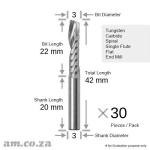 TL-ES1-S3T22 30: 30PCS Of Tungsten Carbide Φ3MM Upcut Cnc Router Bit On Φ3MM Shank Spiral Single Flute Flat End Mill 22MM Cuttin