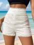 Women White Embroidered Lace Patchwork Summer Shorts White Applique Breathable Fabric Summer Shorts Suitable For Everyday Commuting Holiday