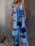 Denim Print Wide Leg Jumpsuit Casual Sleeveless Jumpsuit For Spring & Summer Women's Clothing