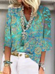 Women's 3/4 Sleeve V-neck Blouse Polyester Elastane Blend Casual Geometric Pattern All-season Knit Fabric Loose Fit Shirt For Ad